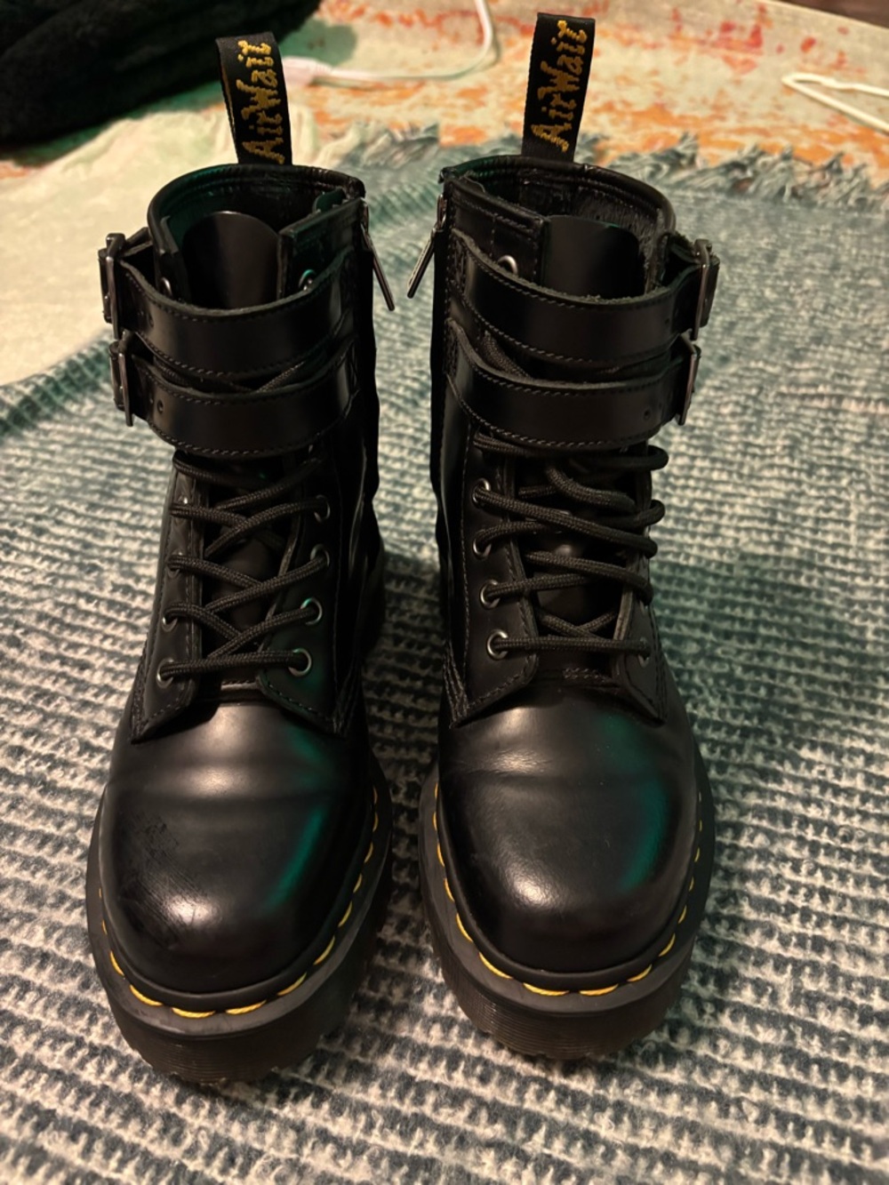 Dr. Martens Black Lace-Up Platform Buckle Boots with Yellow Stitching